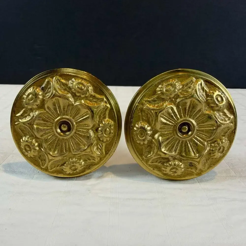 Pair of Vintage Brass Curtain Drapery Round Ornate Floral Tie Backs